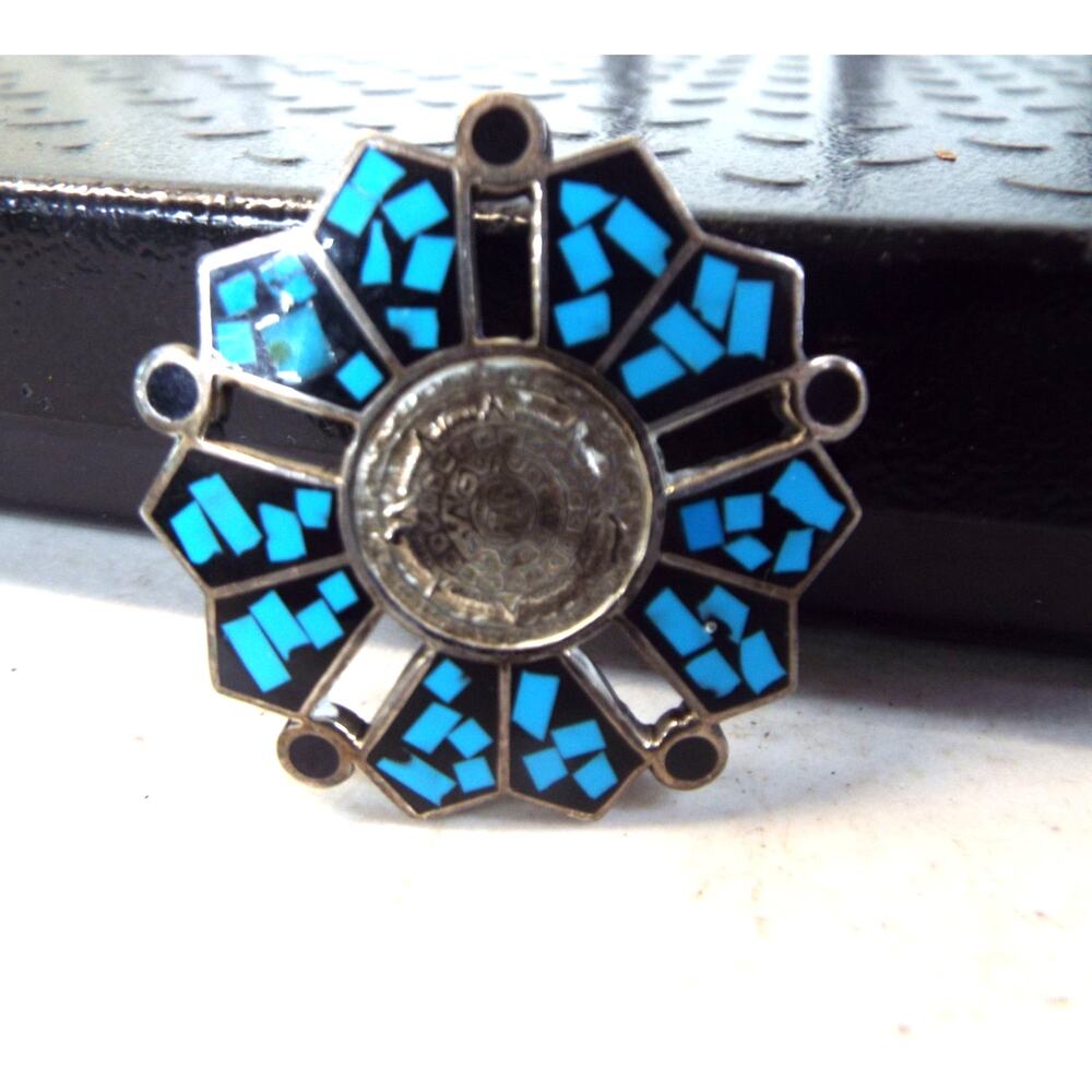 43 A Vintage Sterling Mexican Aztec Calendar Brooch